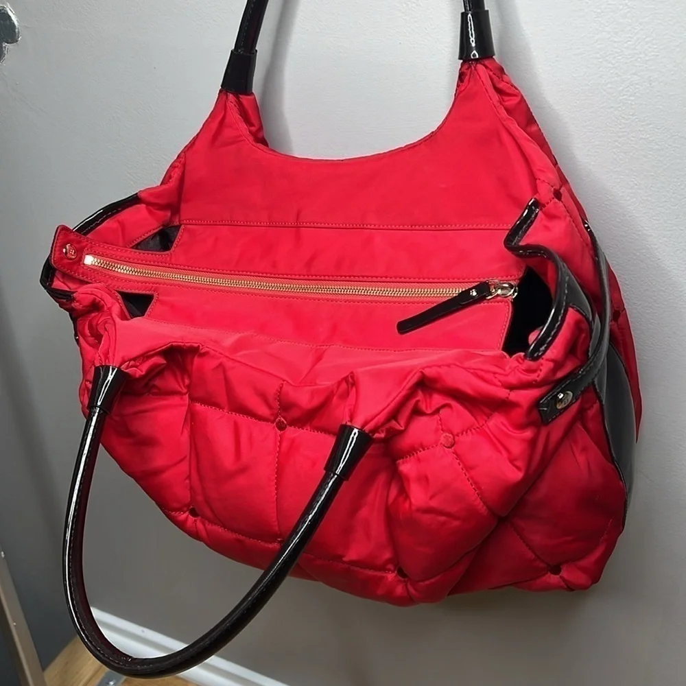Kate Spade Red Quilted Brown Patent Leather Zip Shoulder Tote Bag
